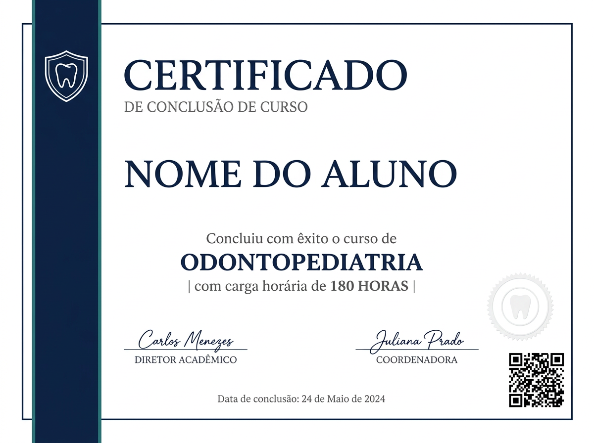 Modelo ilustrativo do certificado de Odontopediatria com carga horária de 180 horas e QR code