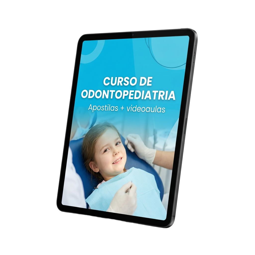 Curso de Odontopediatria com apostilas e videoaulas em um tablet